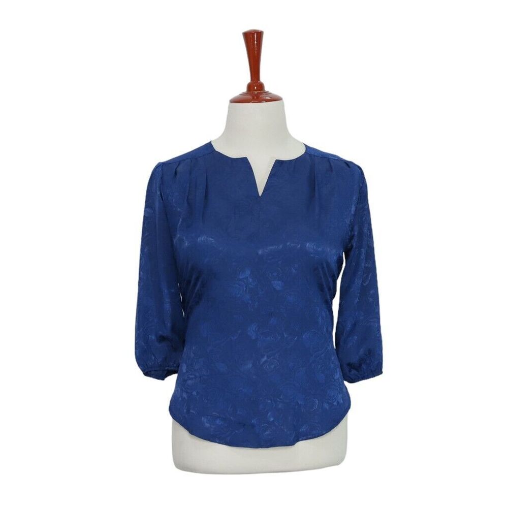 Womens Silky Blouse Floral Blue Rose Flower 3/4 Sleeve V-Neck Casual Top Large